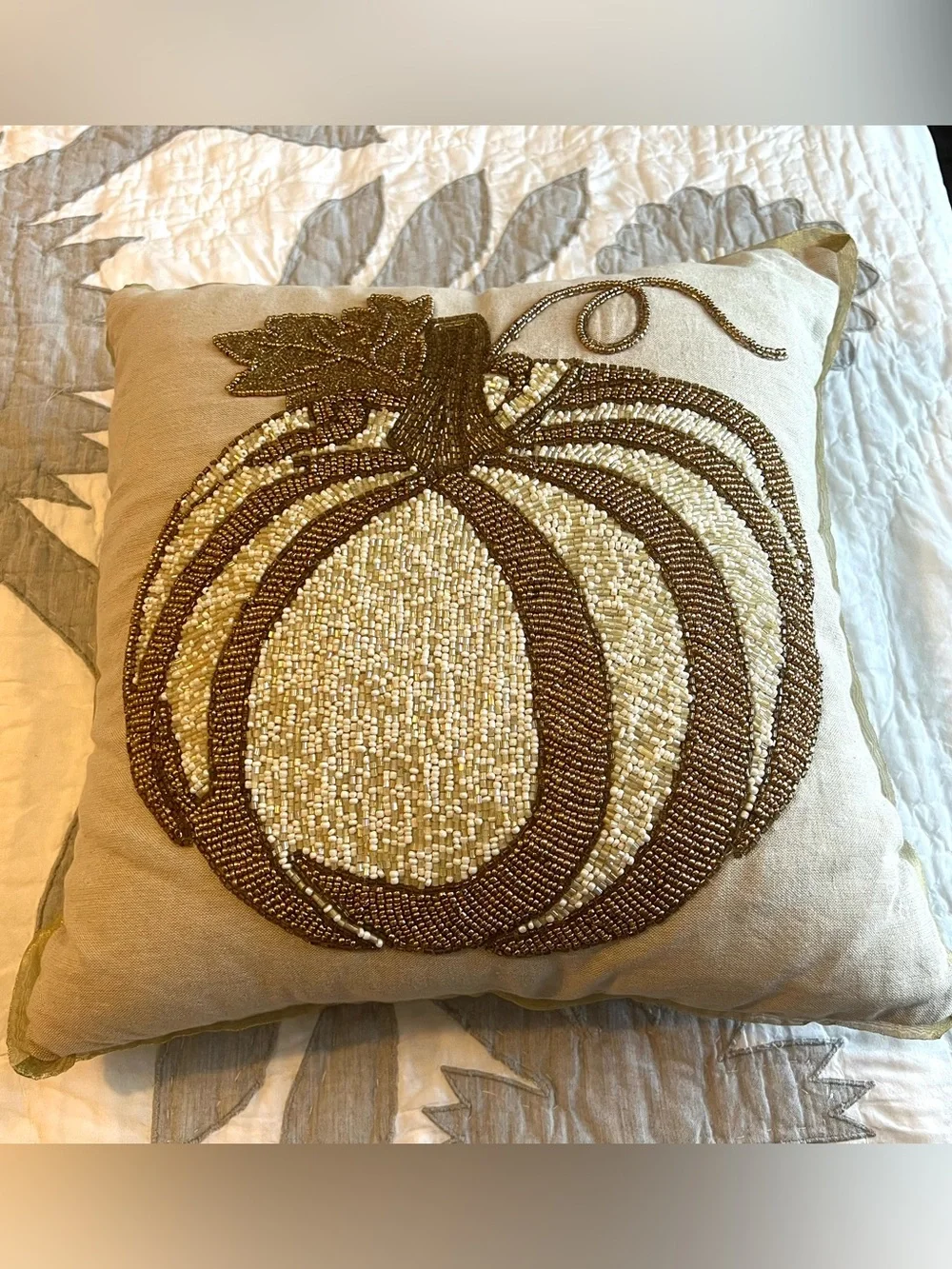 Pier One Embroidered Beaded Decorative Harvest Pillow 15x15 Fall Pumpkin